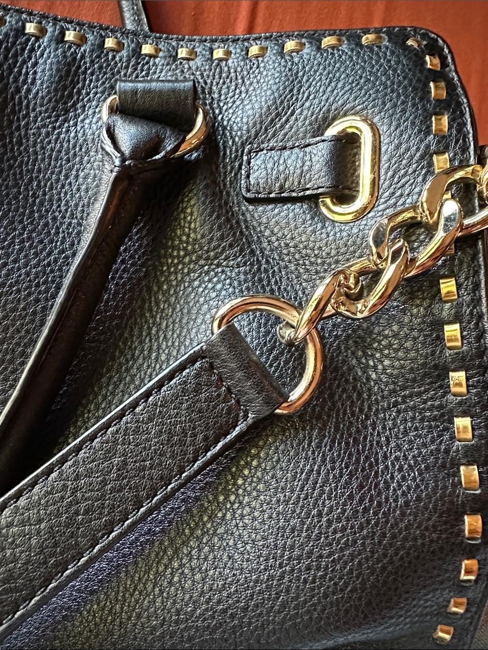 Michael Kors Black Leather Studded Tote Shoulder Bag Gold Hardware - Picture 7 of 12